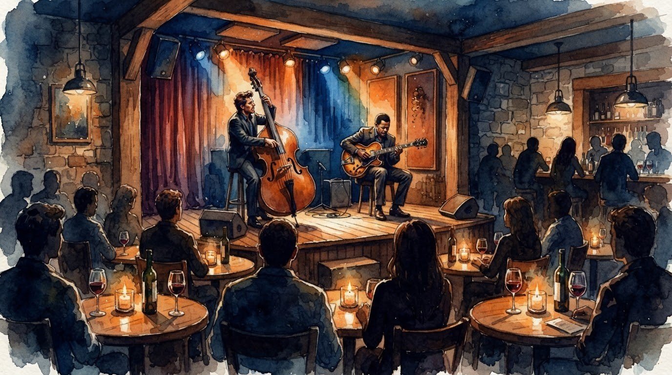 Illustrazione ad acquerello: Gabriel Marciano Trio al Gregory's Jazz Club — 2 novembre 2026