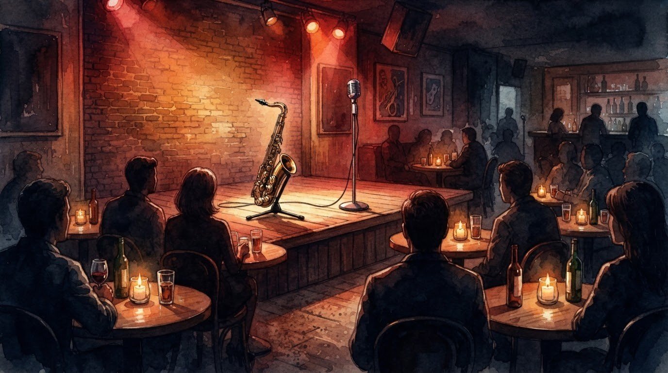 Illustrazione ad acquerello: Gioia, Von Essen, De Lucia Trio al Gregory's Jazz Club — 9 novembre 2026