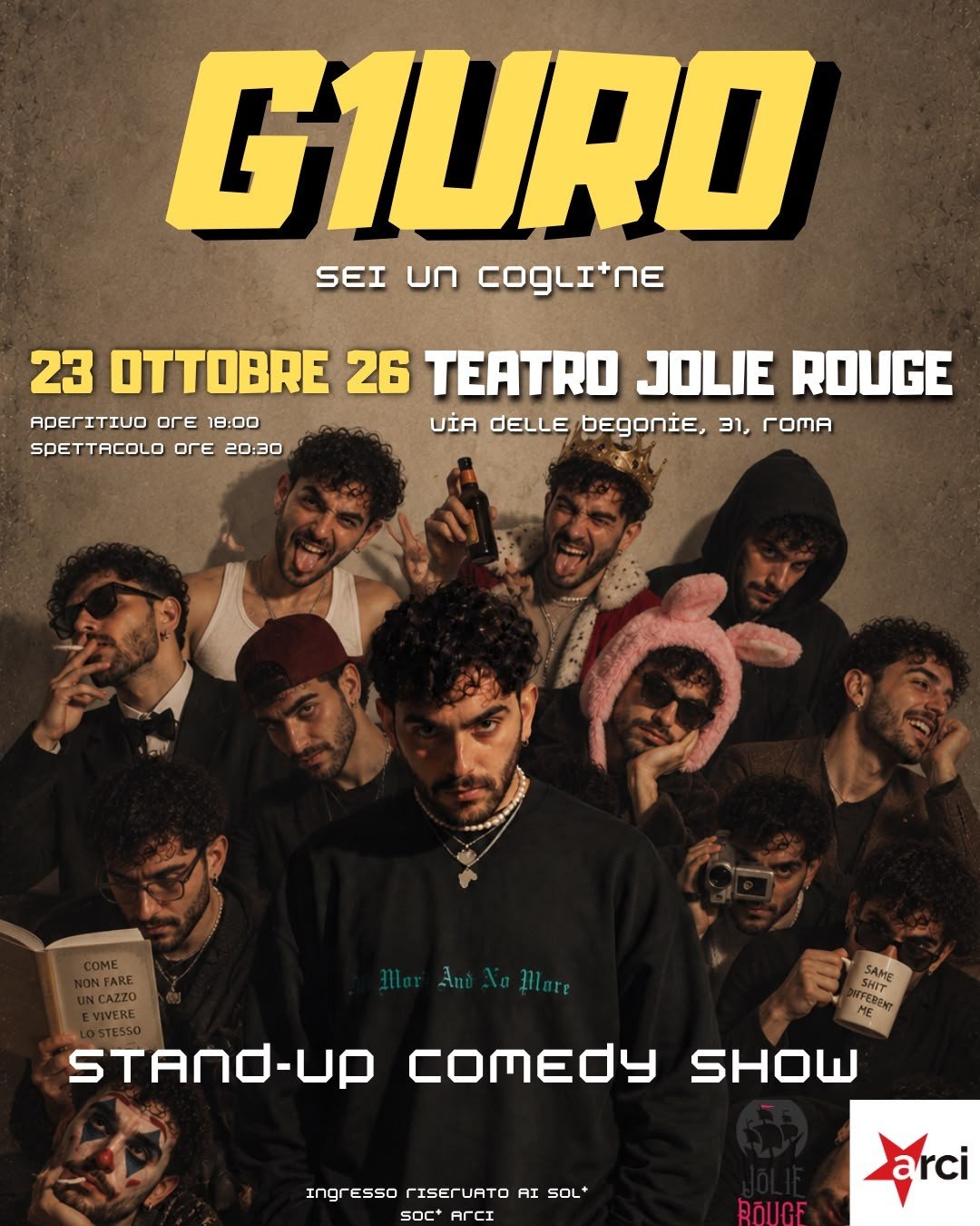Locandina di Giuro sei un cogli*ne, stand up di Giuseppe Rossiello al Teatro Jolie Rouge, 23 ottobre 2026