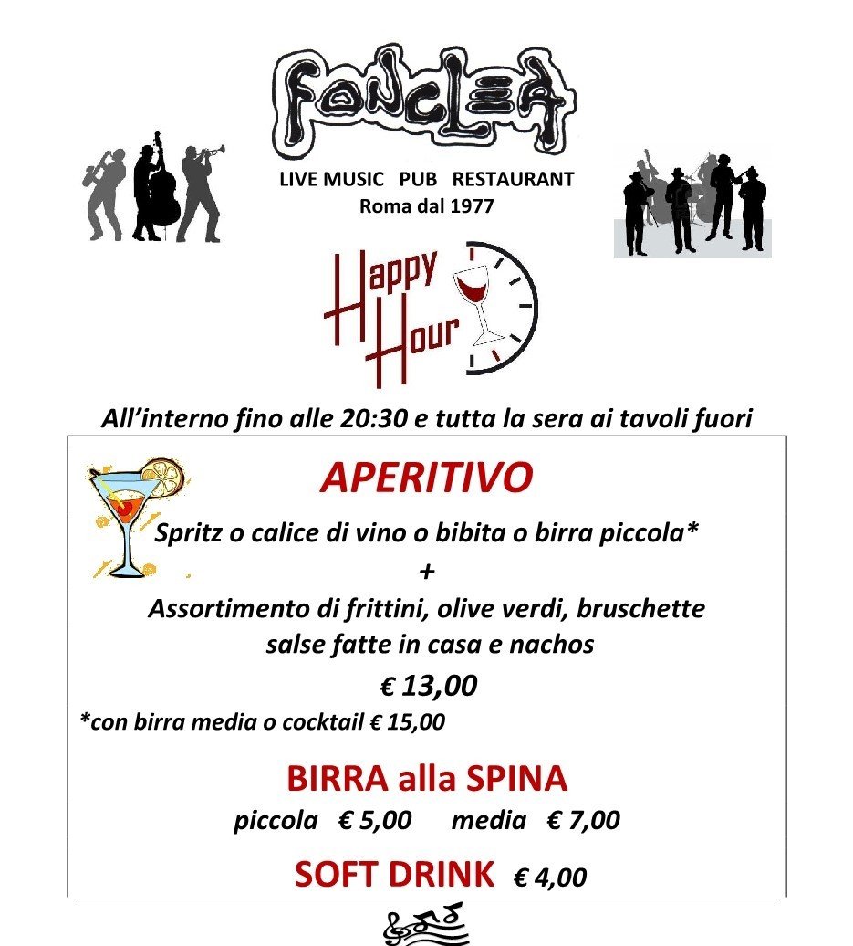 Listino dell'happy hour del Fonclea pubblicato sulla scheda della serata Happy Hour all night long del 20 ottobre 2026