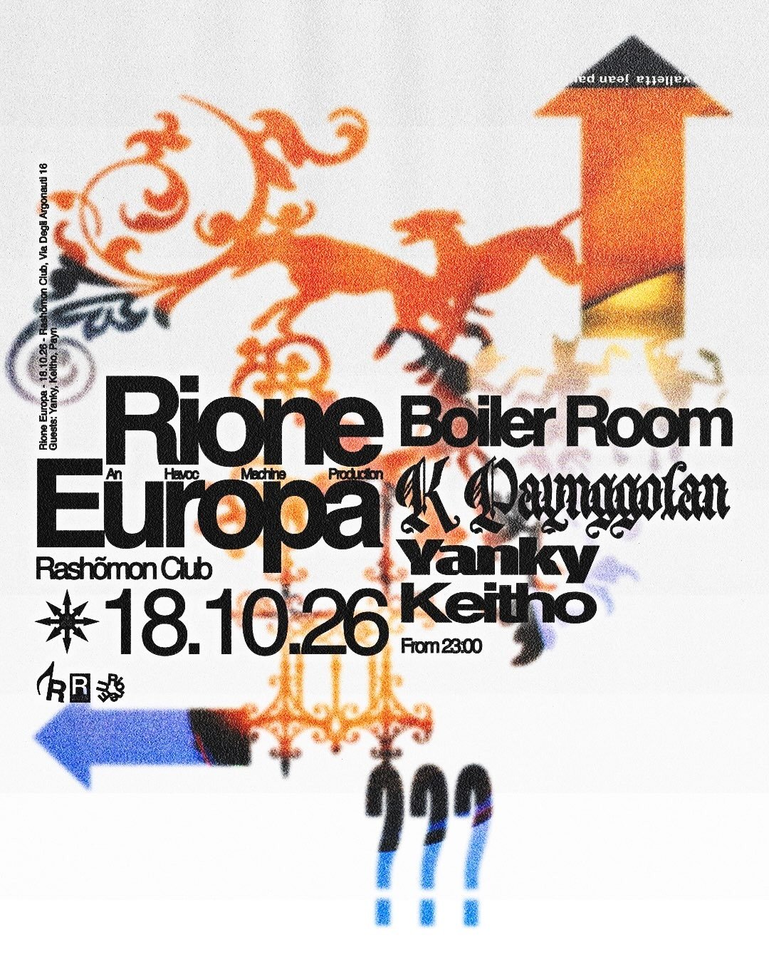 Locandina del post ufficiale di Rione Europa, serata Havoc Machine al Rashomon Club di via degli Argonauti, domenica 18 ottobre 2026