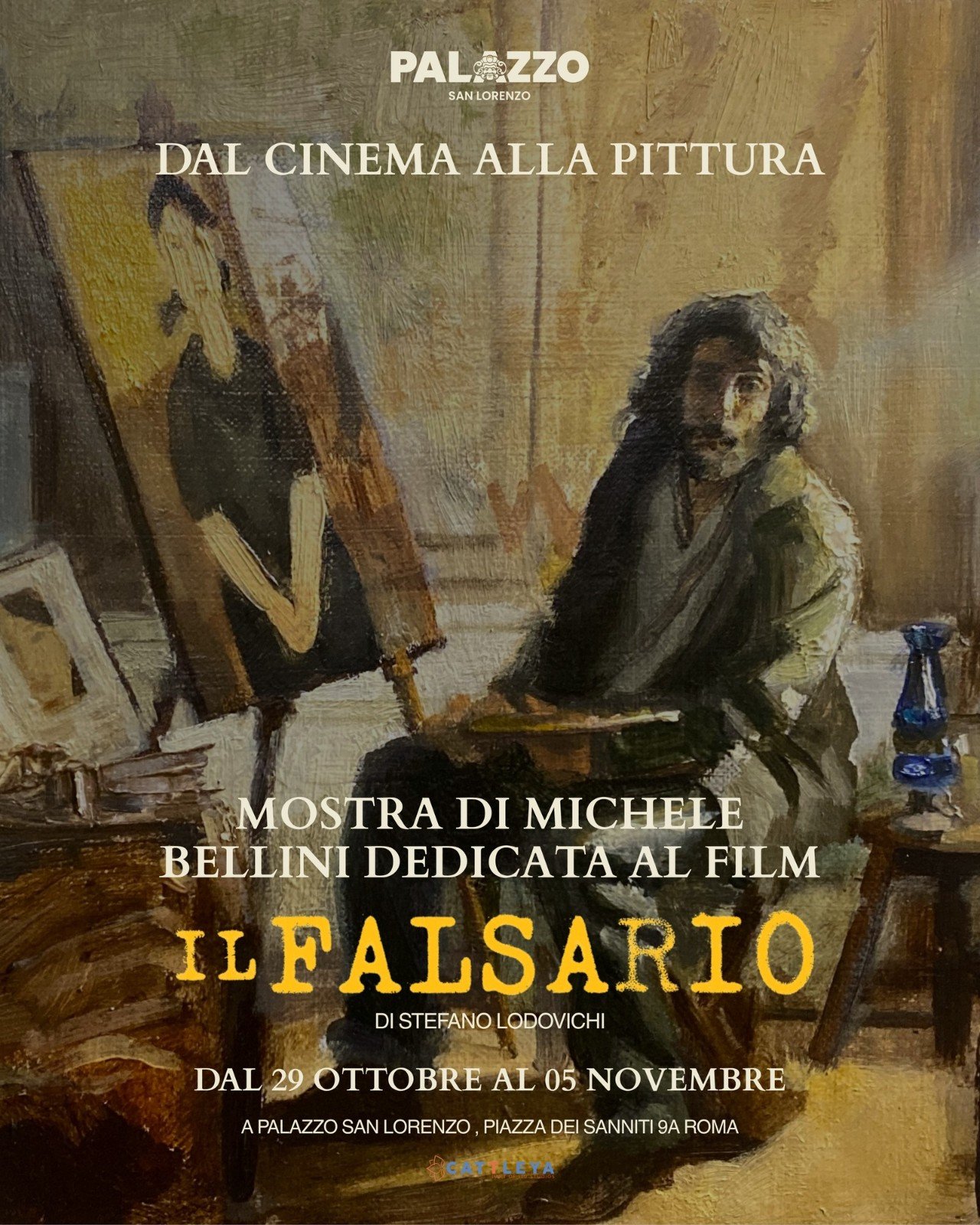 Locandina della mostra di Michele Bellini dedicata al film Il Falsario, a Palazzo San Lorenzo