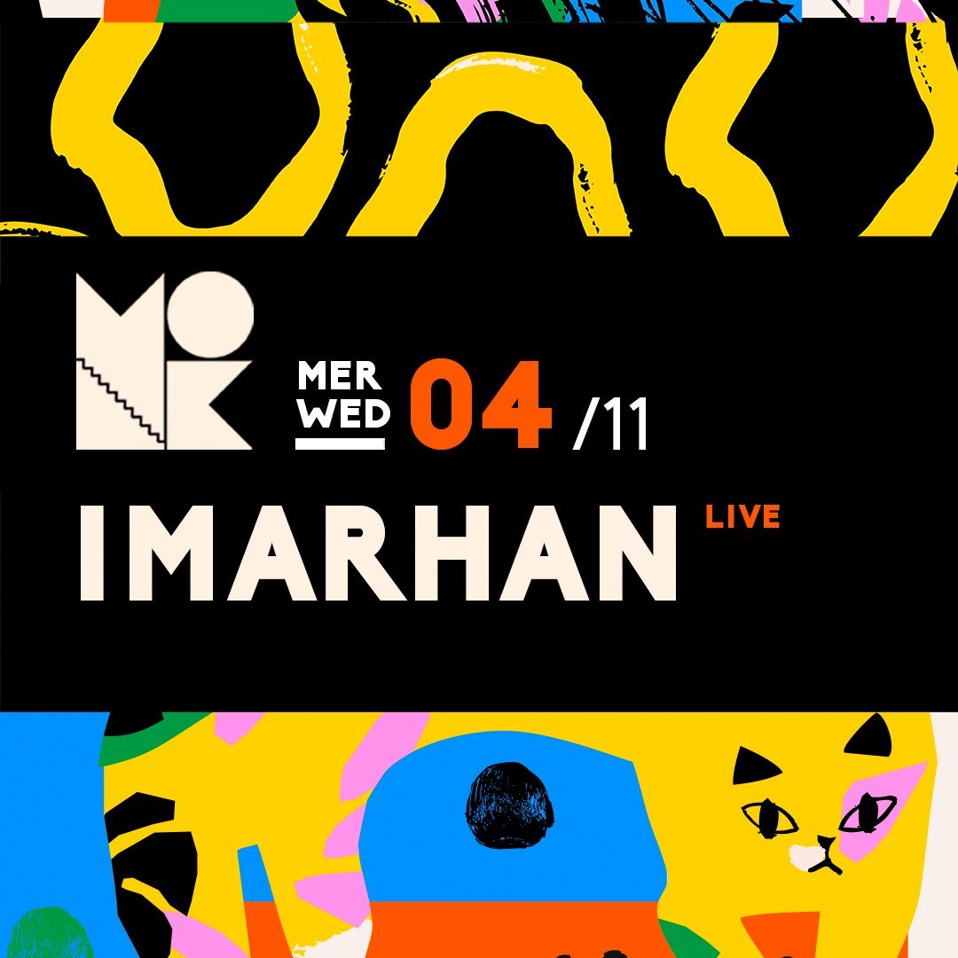 Grafica del Monk per il concerto degli Imarhan: logo del Monk e scritte Mer Wed 04/11 e Imarhan Live su una fascia nera, fra disegni colorati con un gatto stilizzato