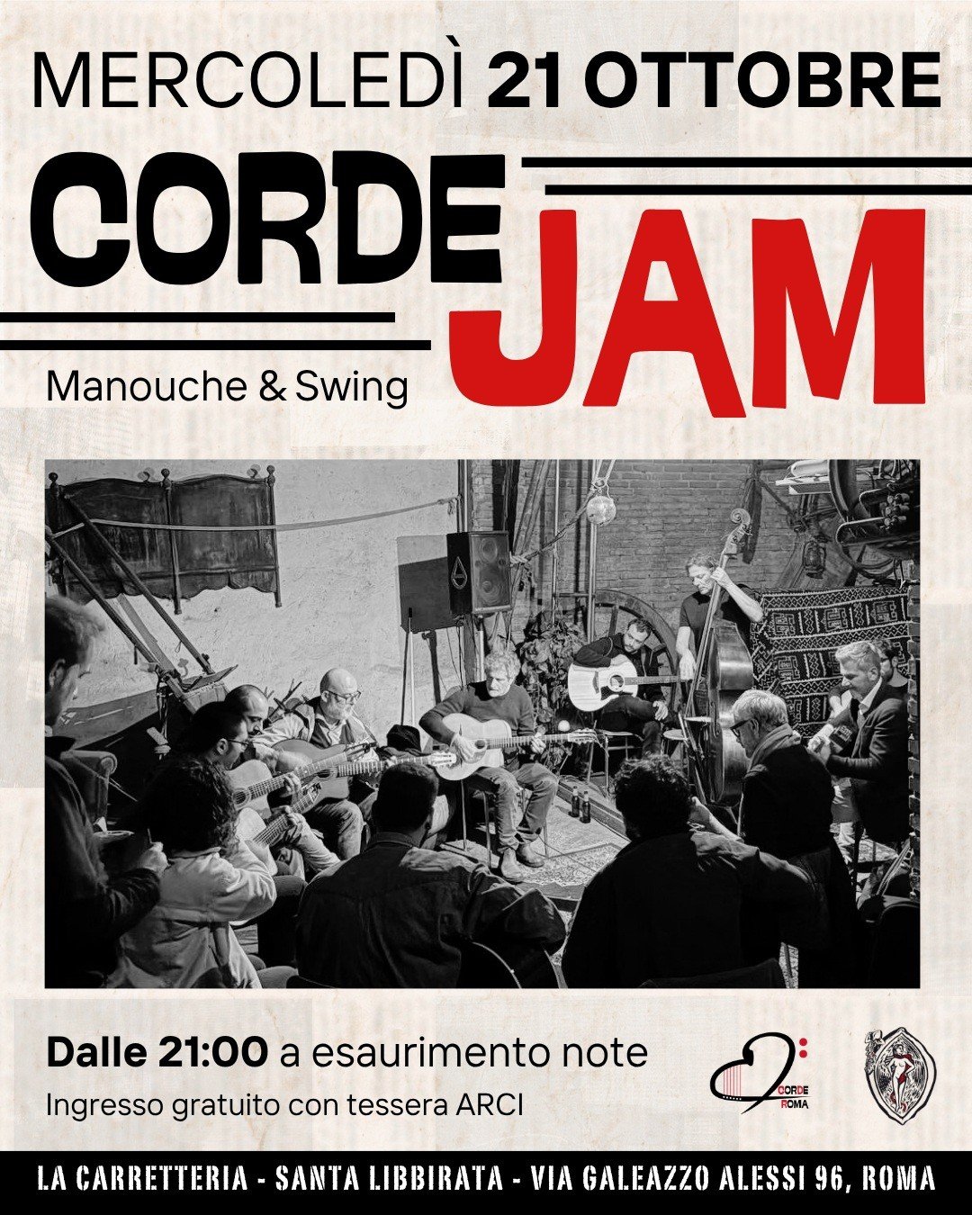 Locandina della jam session di jazz manouche di Corde Roma a Santa Libbirata, 21 ottobre 2026
