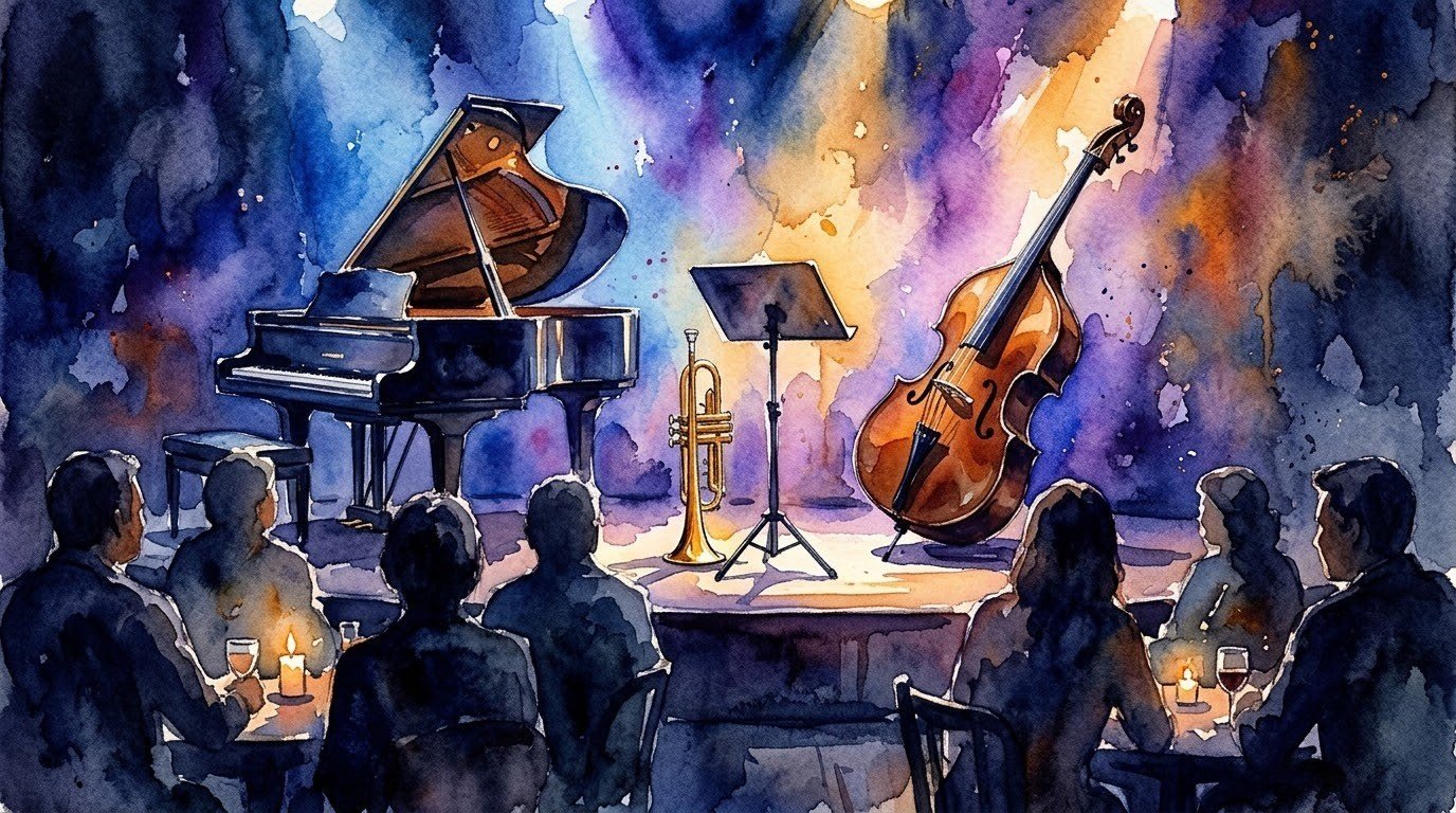 Illustrazione ad acquerello di un palco jazz con tromba, contrabbasso e pianoforte