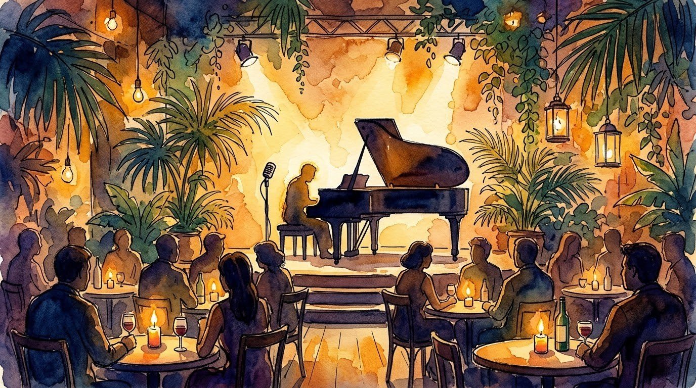Illustrazione ad acquerello di un jazz club con pianoforte a coda e tavolini con candele
