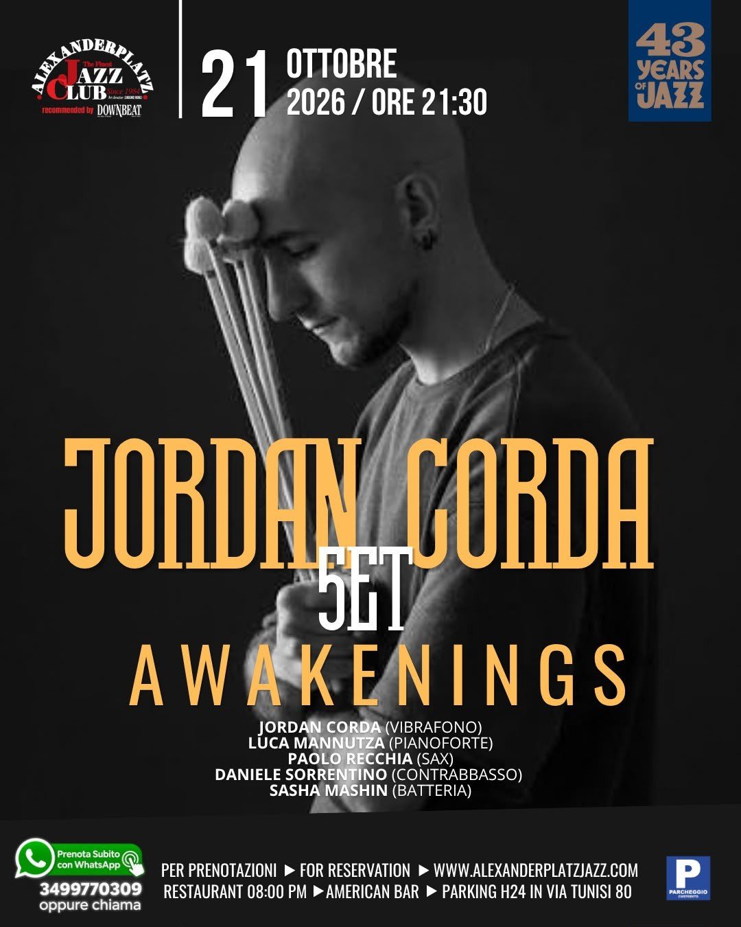 Locandina ufficiale di Jordan Corda 5tet, Awakenings, all'Alexanderplatz Jazz Club il 21 ottobre 2026