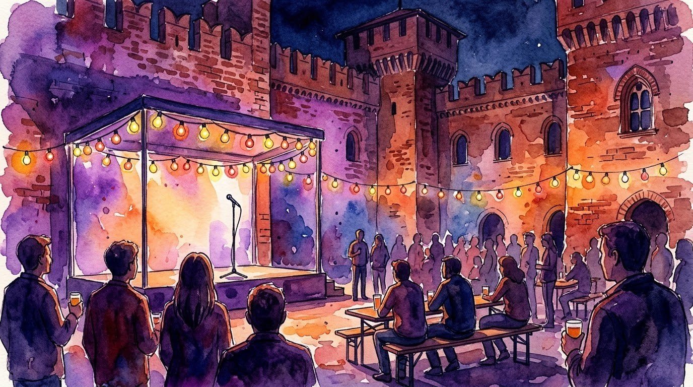 Illustrazione ad acquerello di una serata di karaoke all'aperto in un cortile di mattoni