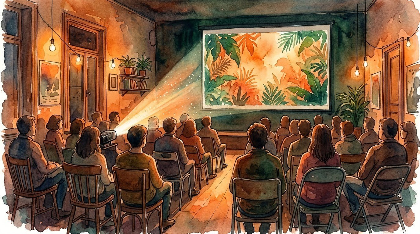Illustrazione ad acquerello di una piccola sala da cineclub: il fascio del proiettore illumina uno schermo con foglie tropicali, pubblico di spalle