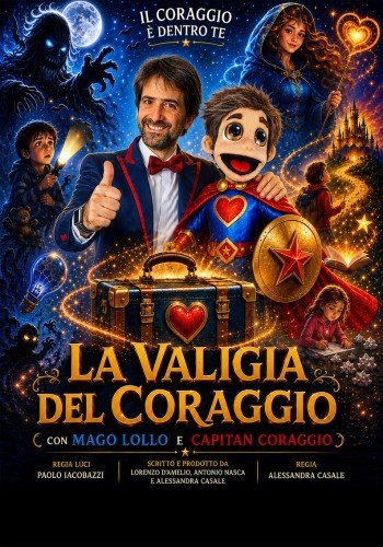 Locandina illustrata de La valigia del coraggio: il Mago Lollo con il pollice alzato accanto al pupazzo Capitan Coraggio, una valigia luminosa con un cuore e intorno bambini, un mostro d'ombra e un castello