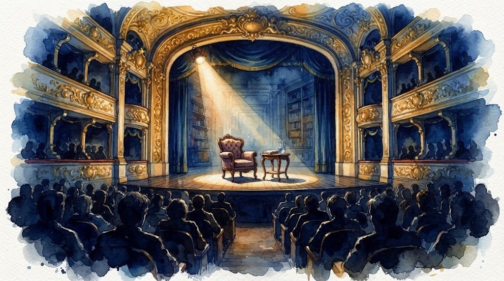 Illustrazione ad acquerello generata con intelligenza artificiale: 'Le disavventure della verità' con Umberto Galimberti al Teatro Mancinelli di Orvieto