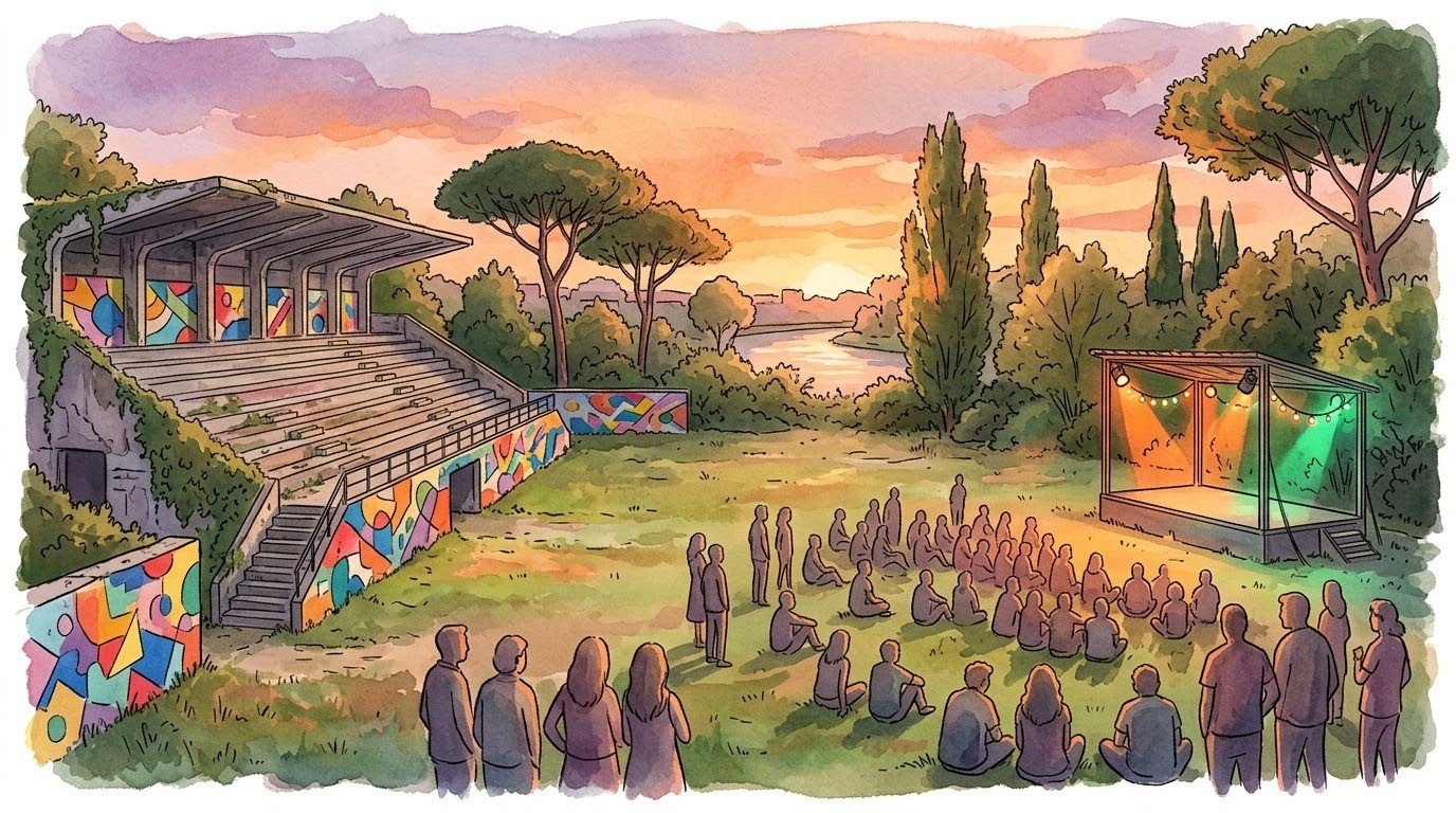 Illustrazione ad acquerello di un ex impianto sportivo vicino al Tevere, con tribuna in cemento, murales astratti e un piccolo palco all'aperto, senza insegne