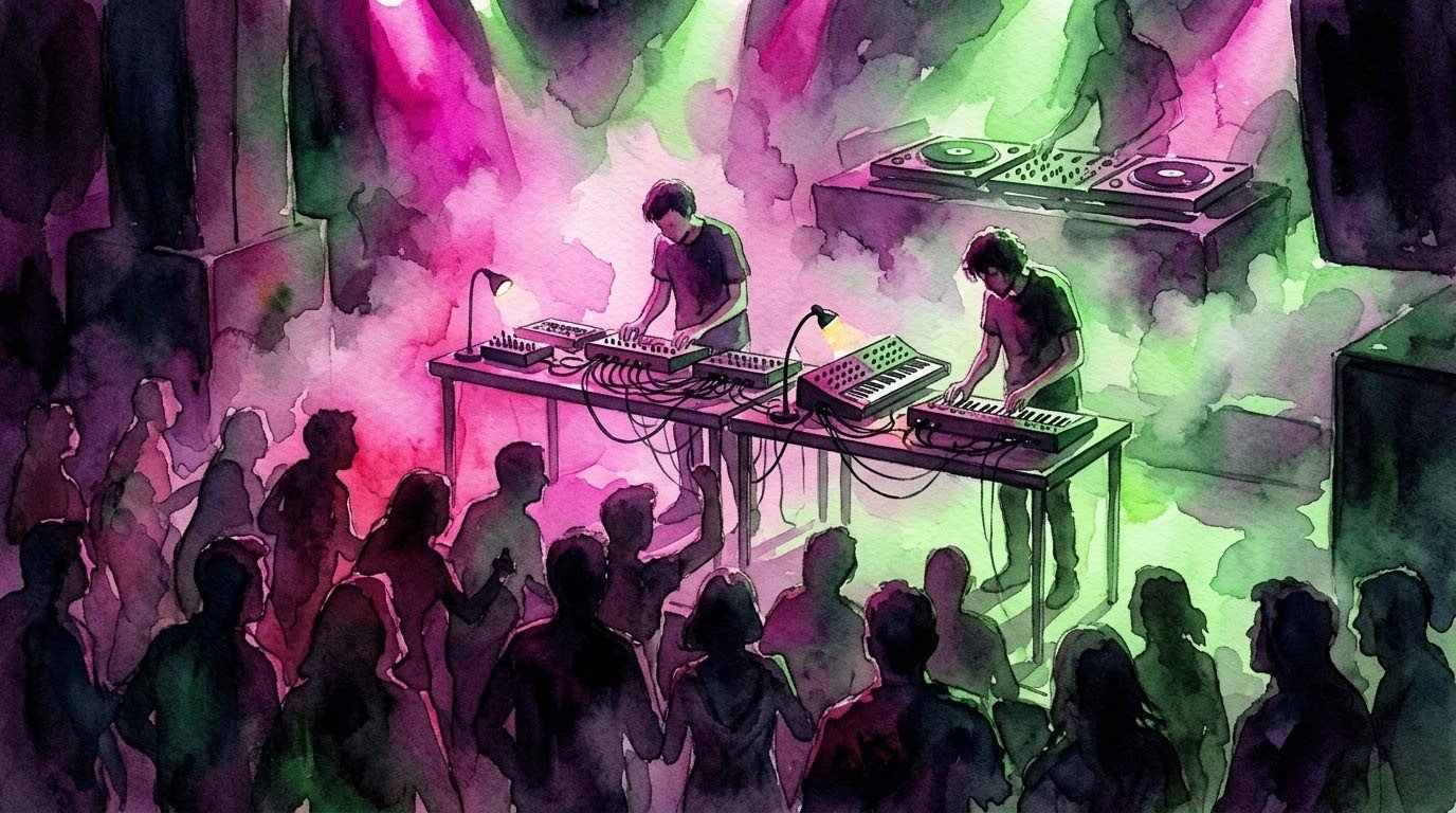 Illustrazione ad acquerello di un live di musica elettronica in un piccolo club, per il release party di Zip Zap di Luca Tanzini e Pelio al Fanfulla 5/a