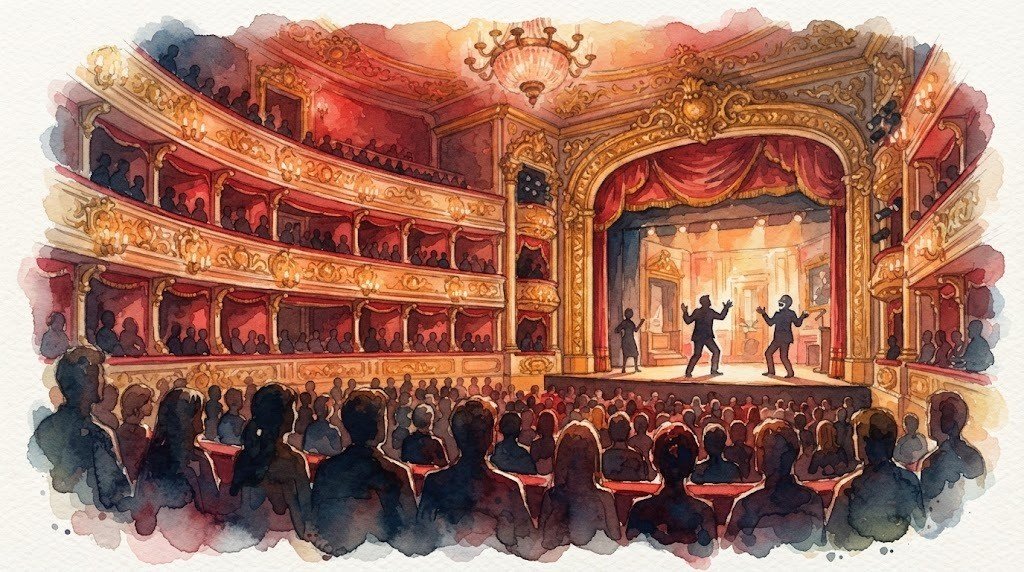 Illustrazione ad acquerello generata con intelligenza artificiale: Maccio Capatonda - Spettacolo Teatrale