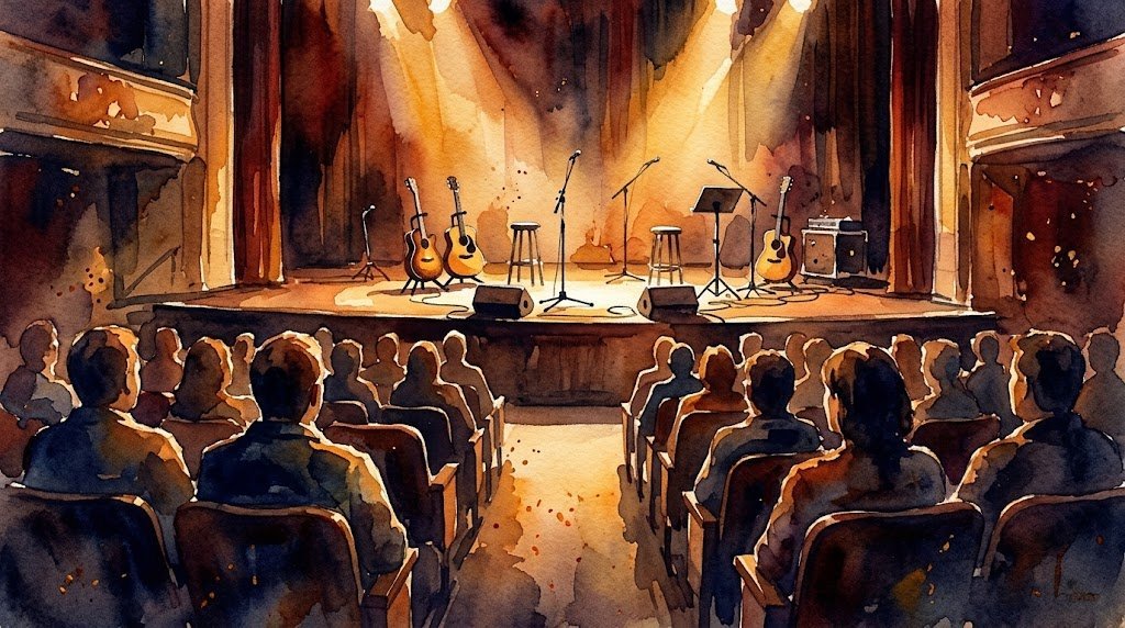 Illustrazione ad acquerello di un palco con chitarre acustiche e microfoni durante un concerto di canzone d'autore