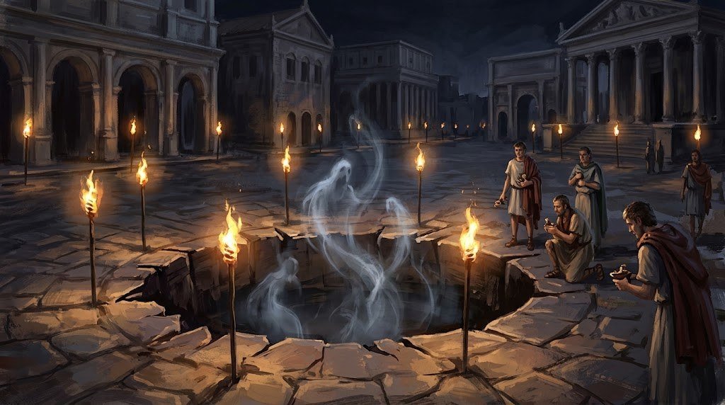 La fossa circolare del mundus nel Comizio di notte con torce, rito dell'apertura