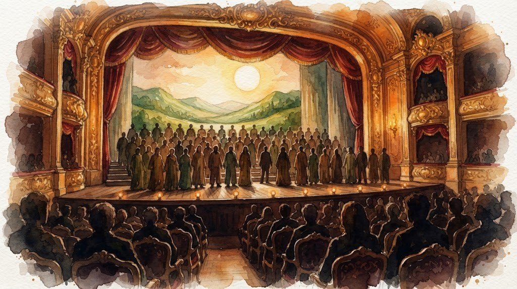 Illustrazione ad acquerello generata con intelligenza artificiale: Musical 'Francesco' al Teatro dell'Unione di Viterbo