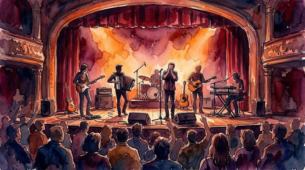 Illustrazione ad acquerello di un palco con una band blues rock, chitarre, fisarmonica e tastiere