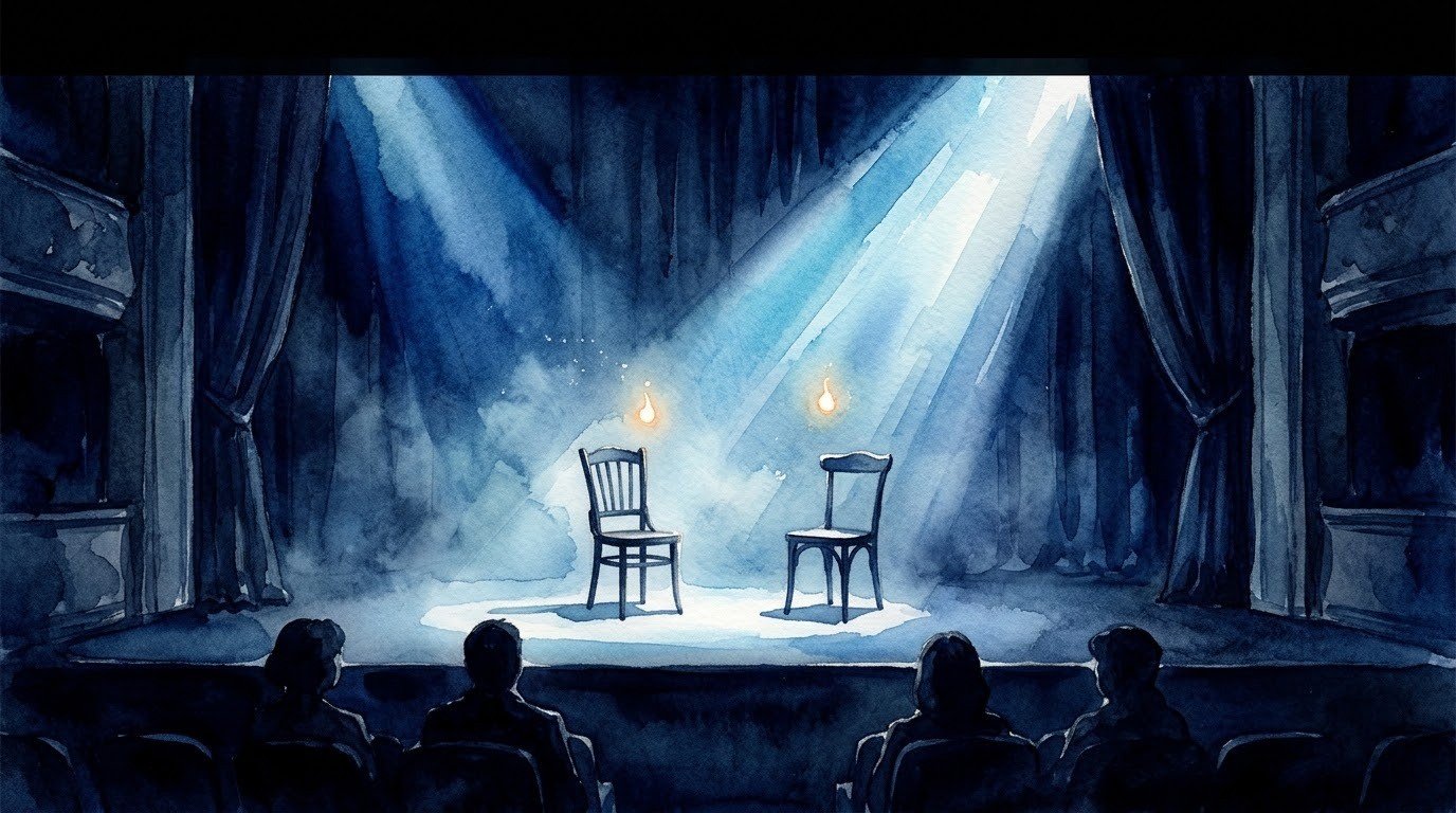 Illustrazione ad acquerello di un palco teatrale con due sedie illuminate da fasci di luce blu