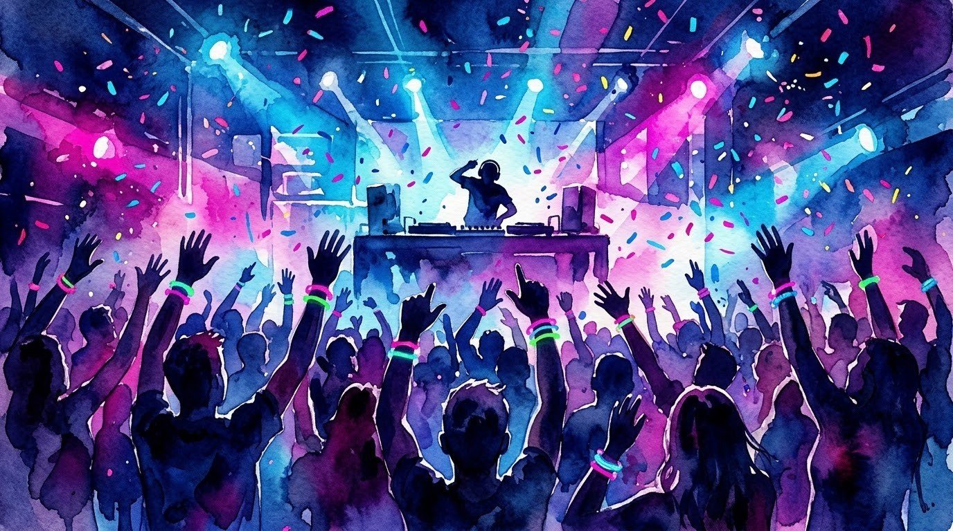 Illustrazione ad acquerello di una pista da ballo con DJ e coriandoli