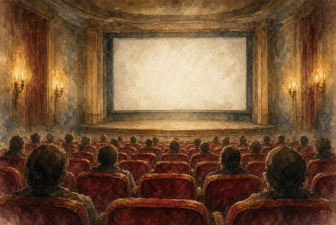Illustrazione in acquerello di una sala cinematografica storica con luci calde e pubblico di spalle