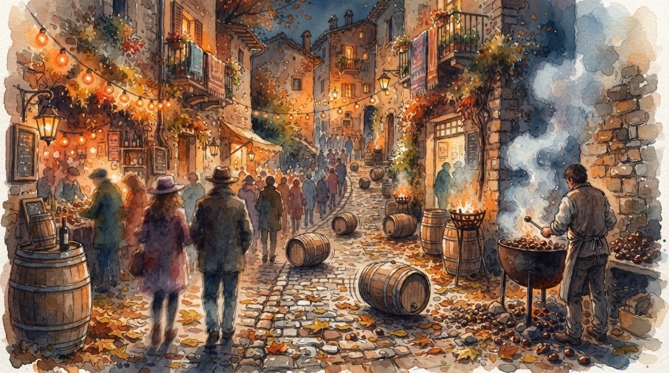 Illustrazione ad acquerello di un vicolo di borgo in autunno con botti e caldarroste