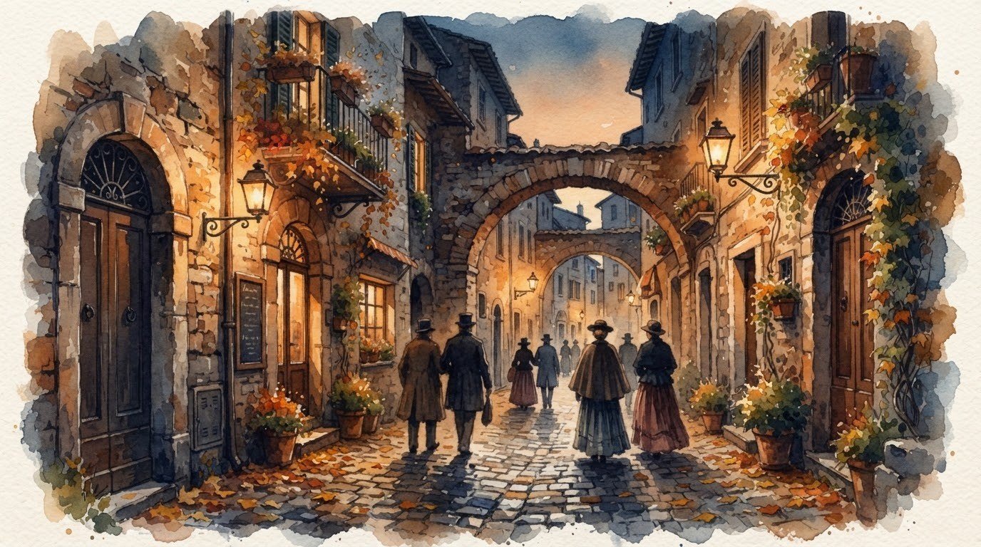 Illustrazione ad acquerello di un vicolo medievale con passanti in costume ottocentesco