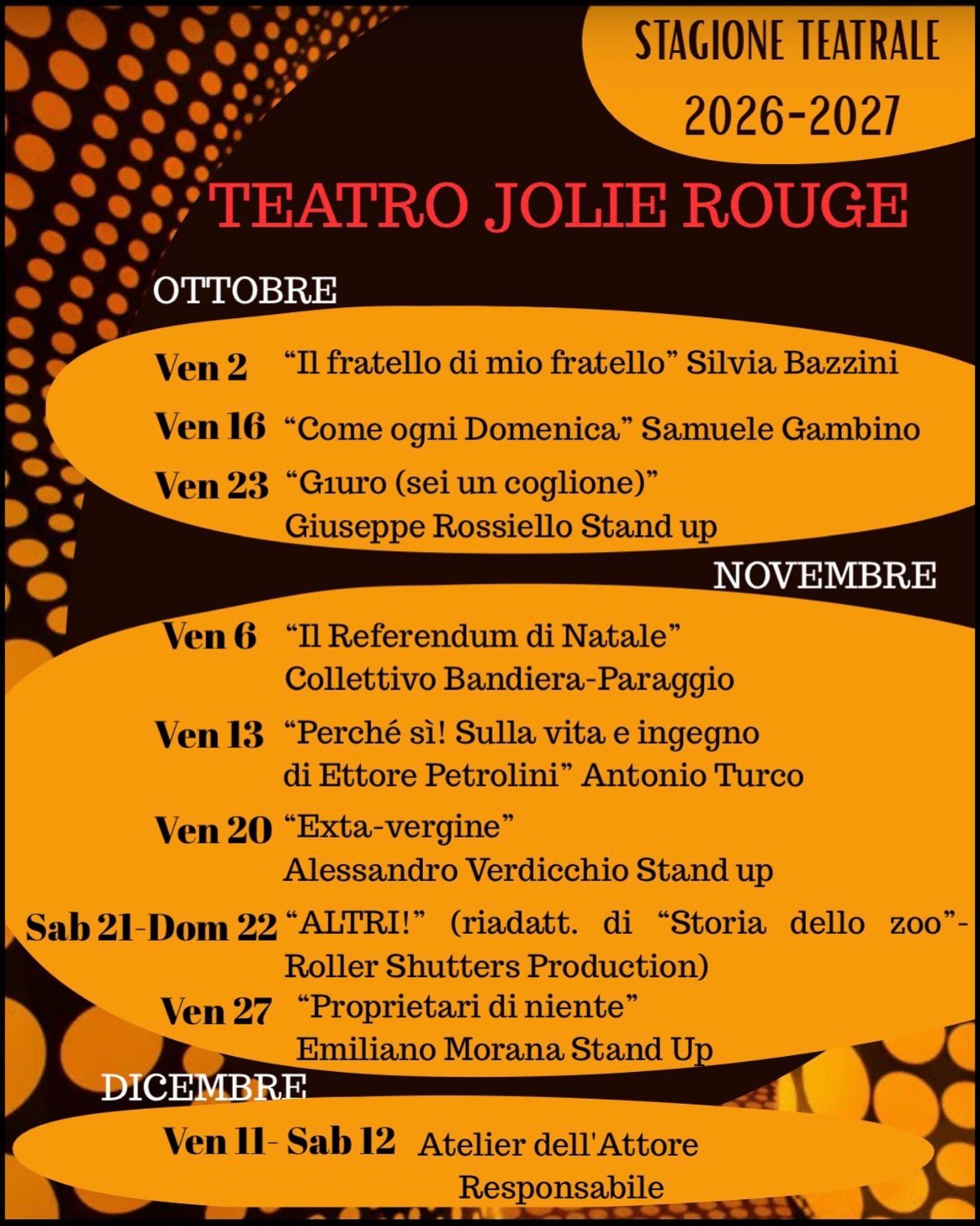 Cartellone della stagione 2026-2027 del Teatro Jolie Rouge con Perché sì! su Ettore Petrolini del 13 novembre
