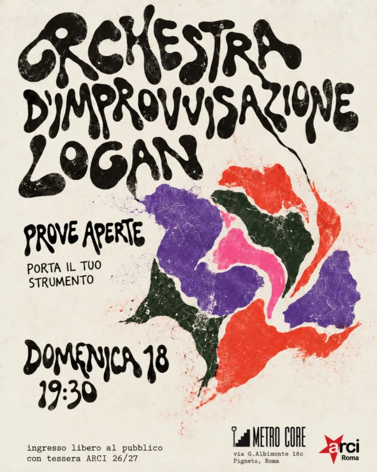 Locandina delle prove aperte del Collettivo Giuseppi Logan al Metro Core, 18 ottobre 2026