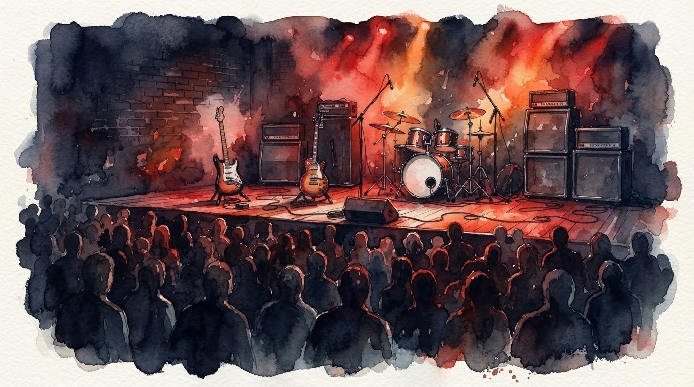 Illustrazione ad acquerello di un palco da concerto rock con chitarre, amplificatori e batteria, luci rosse e arancioni