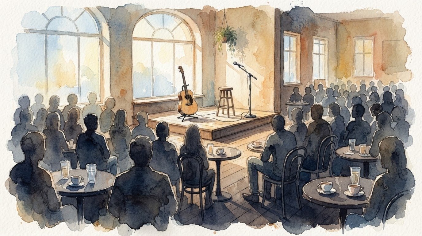 Illustrazione ad acquerello di un concerto acustico di giorno con chitarra su un piccolo palco, sedie e tavolini