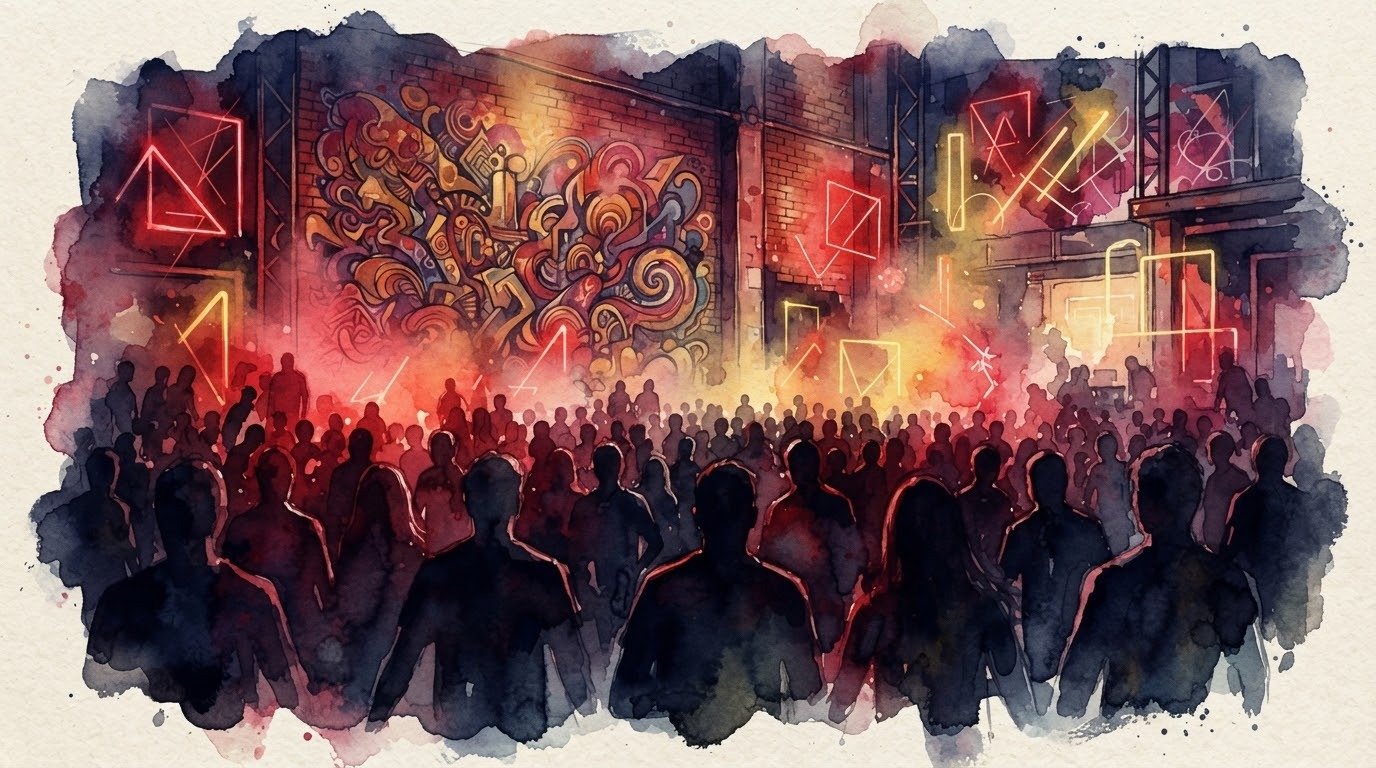 Illustrazione ad acquerello di un club di notte con luci al neon rosse e gialle e un murale astratto, pubblico in sagoma