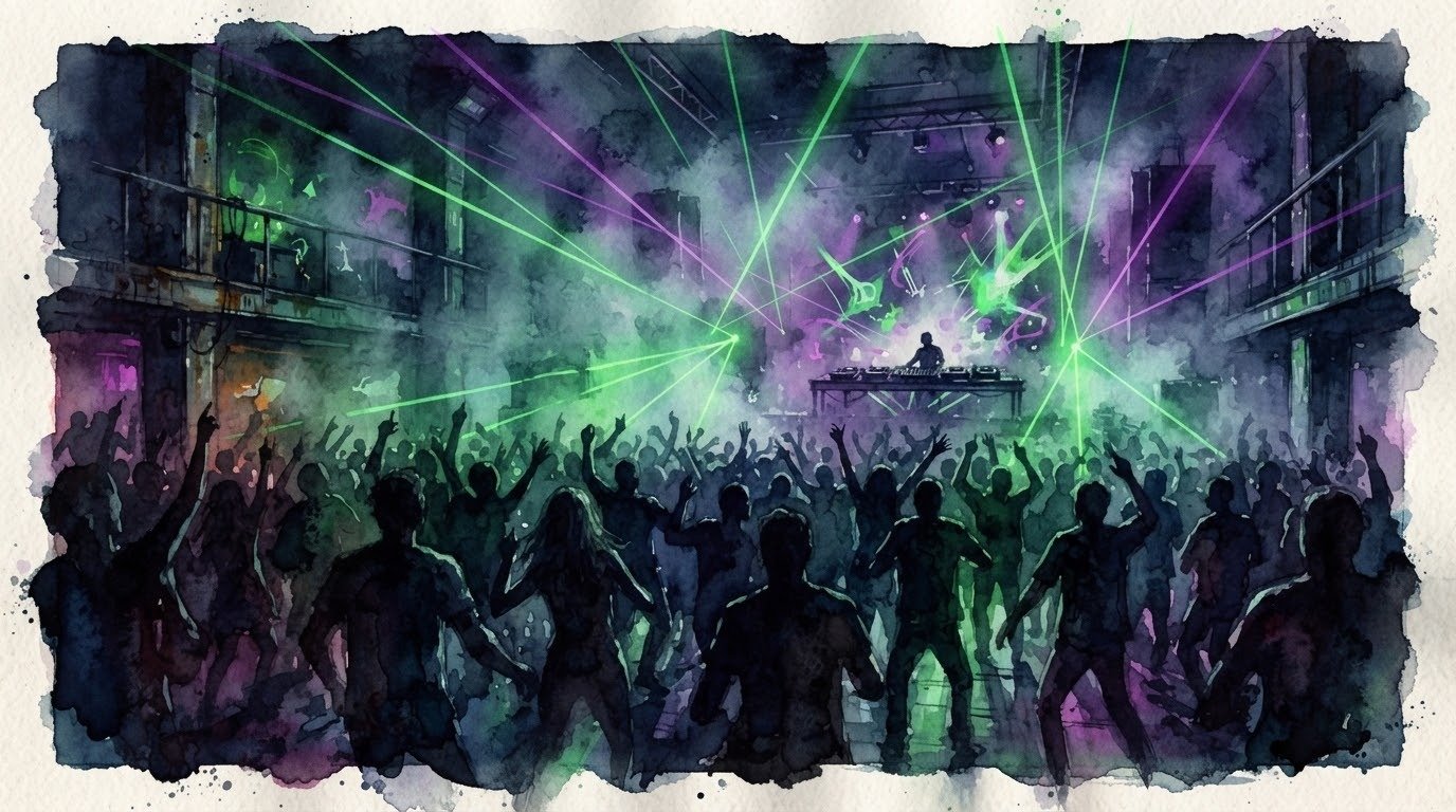 Illustrazione ad acquerello di un club techno con luci laser verdi e viola, fumo e console da dj, pubblico in sagoma