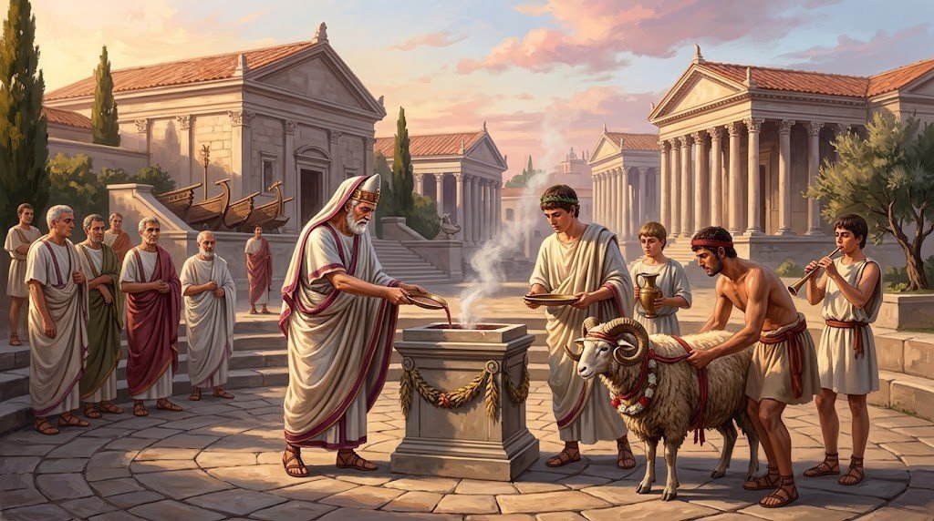 Il rex sacrorum compie un sacrificio nel Comizio all'alba, in un'illustrazione pittorica