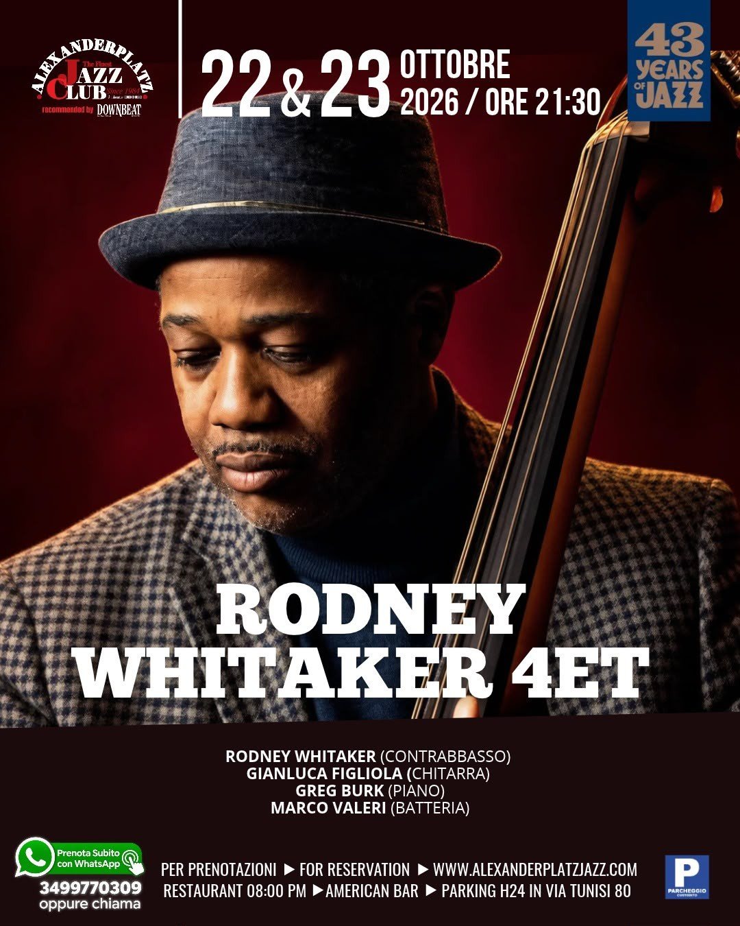 Locandina ufficiale del Rodney Whitaker 4tet all'Alexanderplatz Jazz Club di Roma