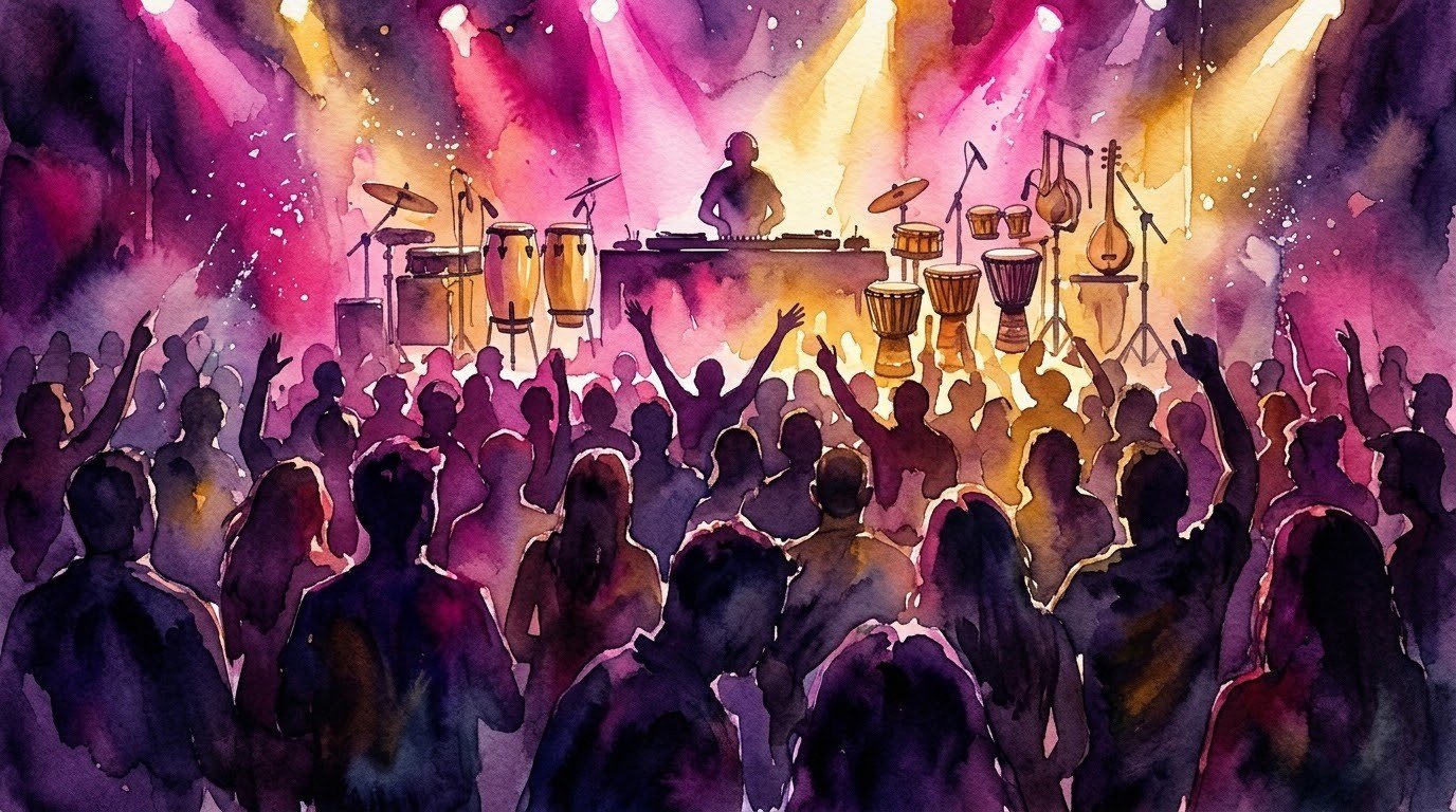Illustrazione ad acquerello di un club notturno con percussioni e consolle da dj