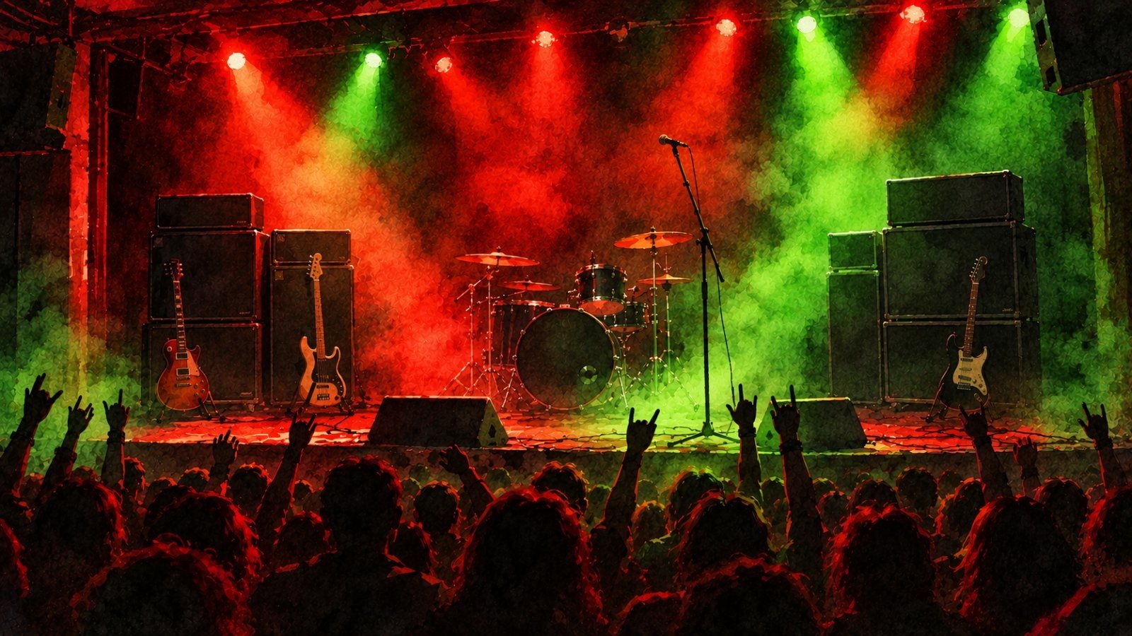 Illustrazione ad acquerello di un palco rock con amplificatori, batteria e luci rosse e verdi