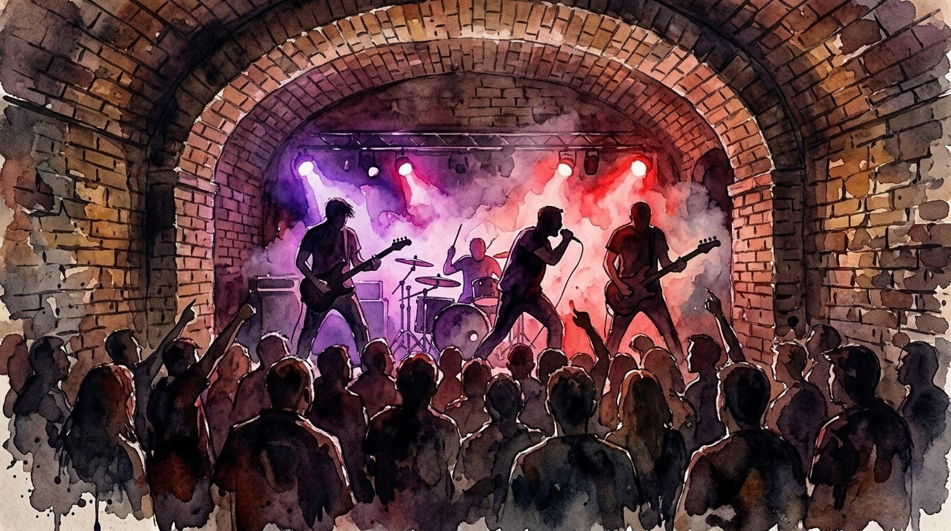 Illustrazione ad acquerello di una band rock che suona sotto una volta di mattoni, tra luci viola e rosse, davanti a un pubblico visto di spalle