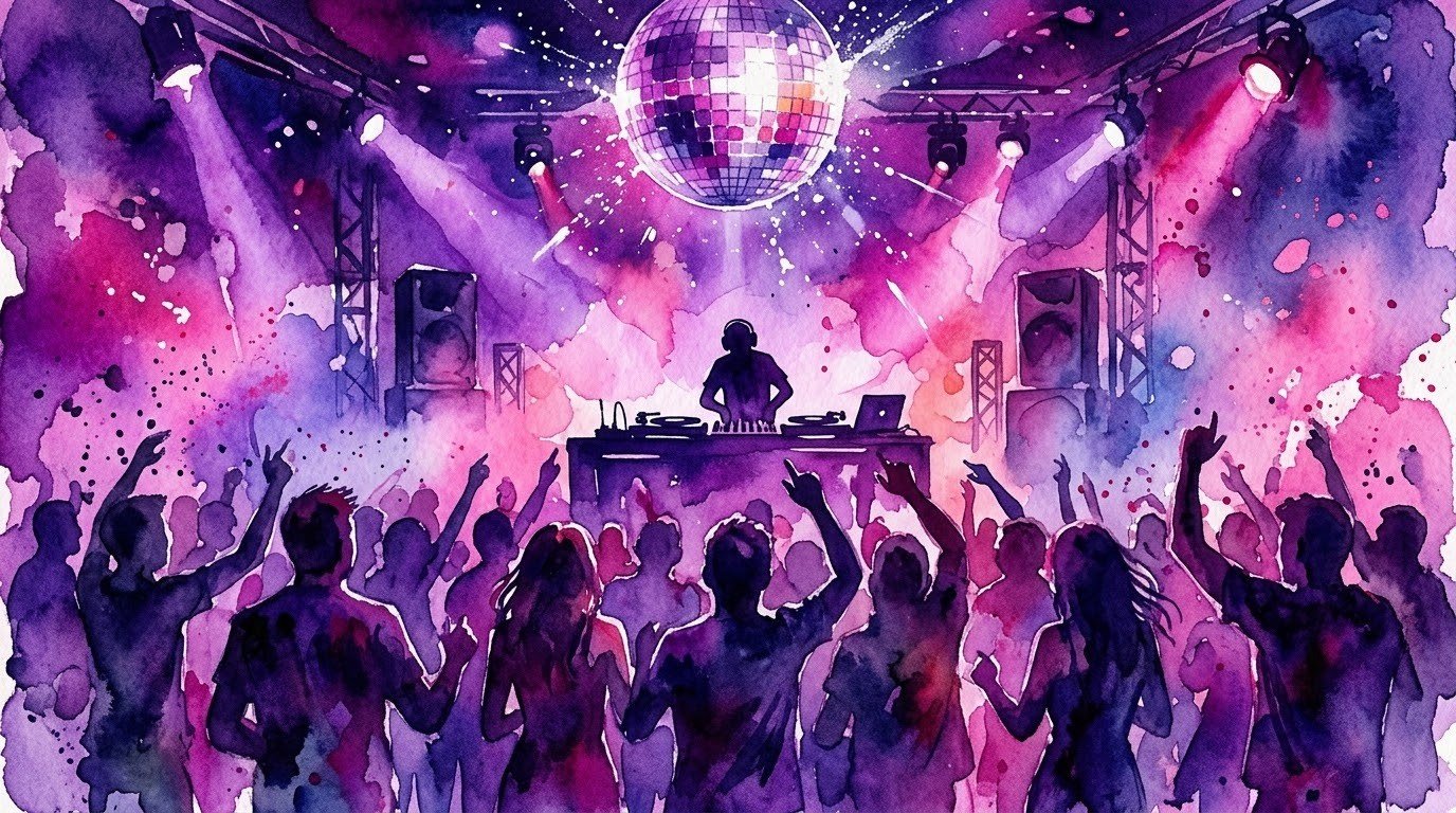 Illustrazione ad acquerello di una pista da ballo con DJ e palla a specchi