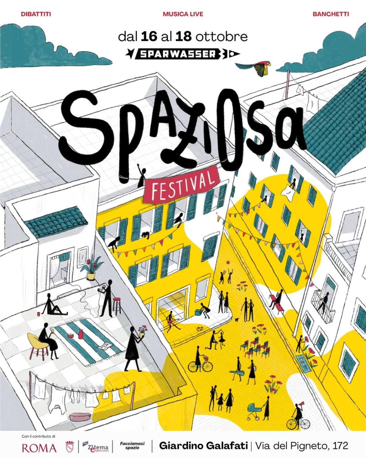 Illustrazione di SPAZIOSA Festival di Sparwasser al Giardino Galafati, 16-18 ottobre 2026