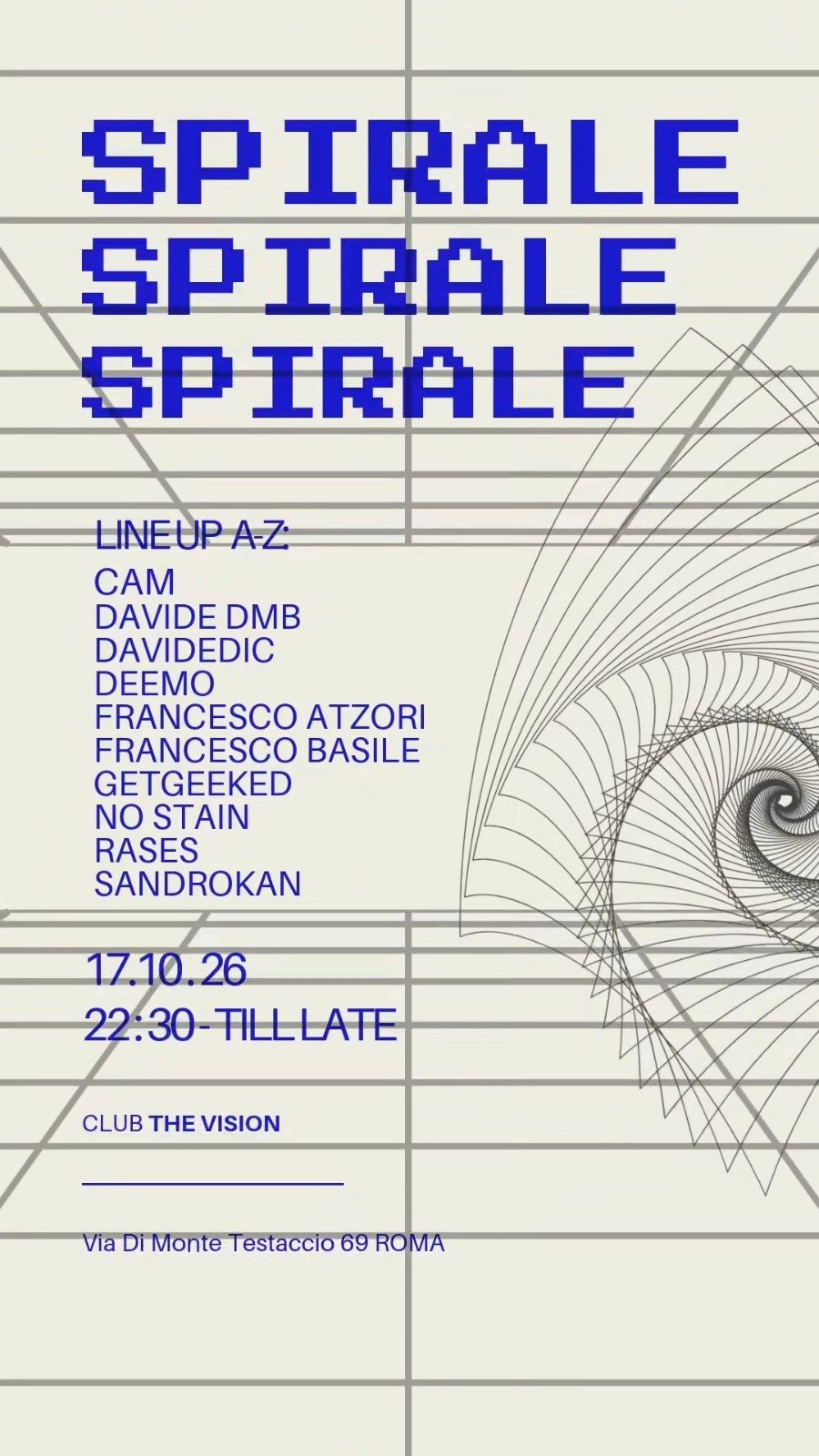 Locandina del reel ufficiale di Spirale al Club The Vision di via di Monte Testaccio, sabato 17 ottobre 2026