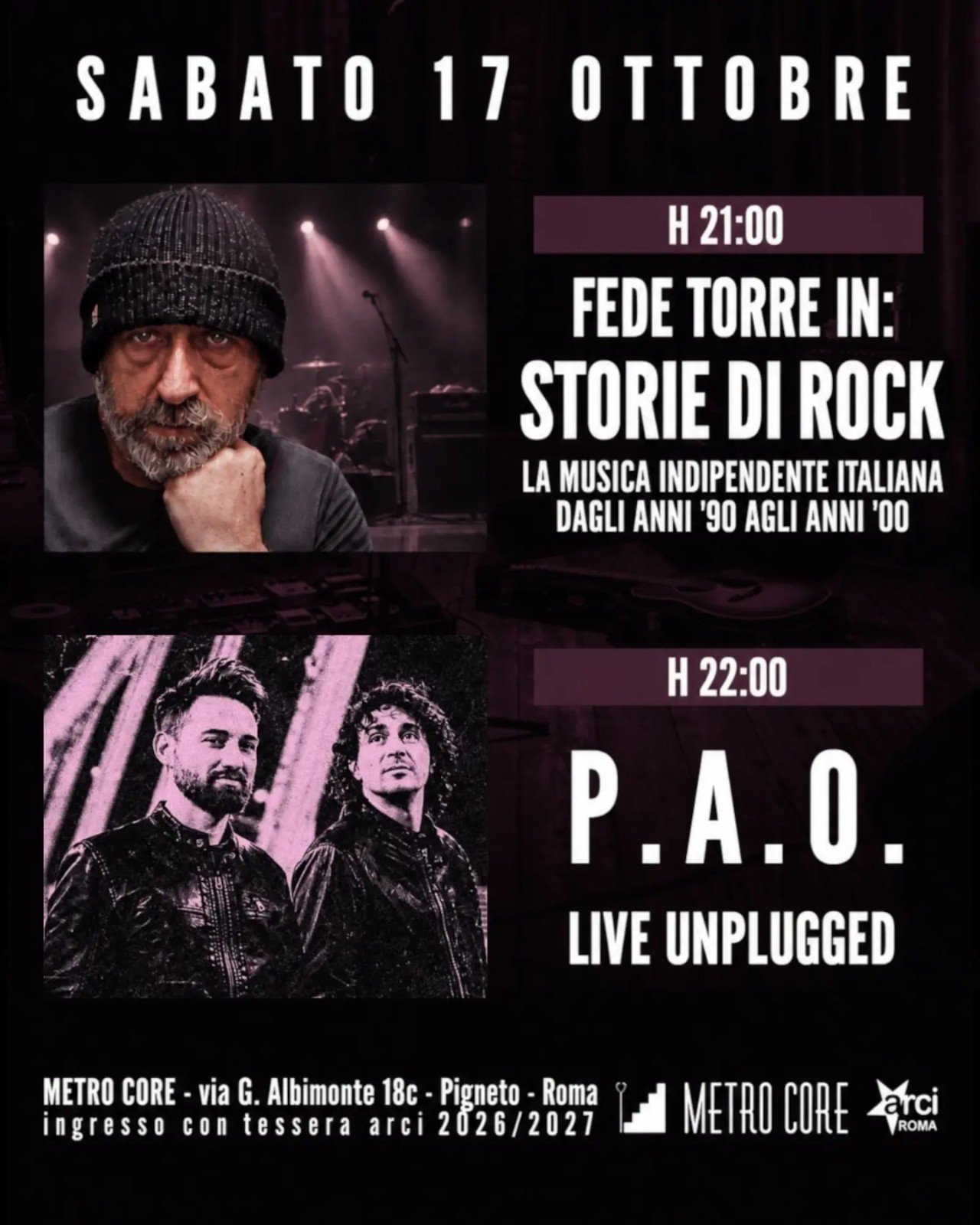 Locandina di Storie di Rock e P.A.O. live al Metro Core, 17 ottobre 2026