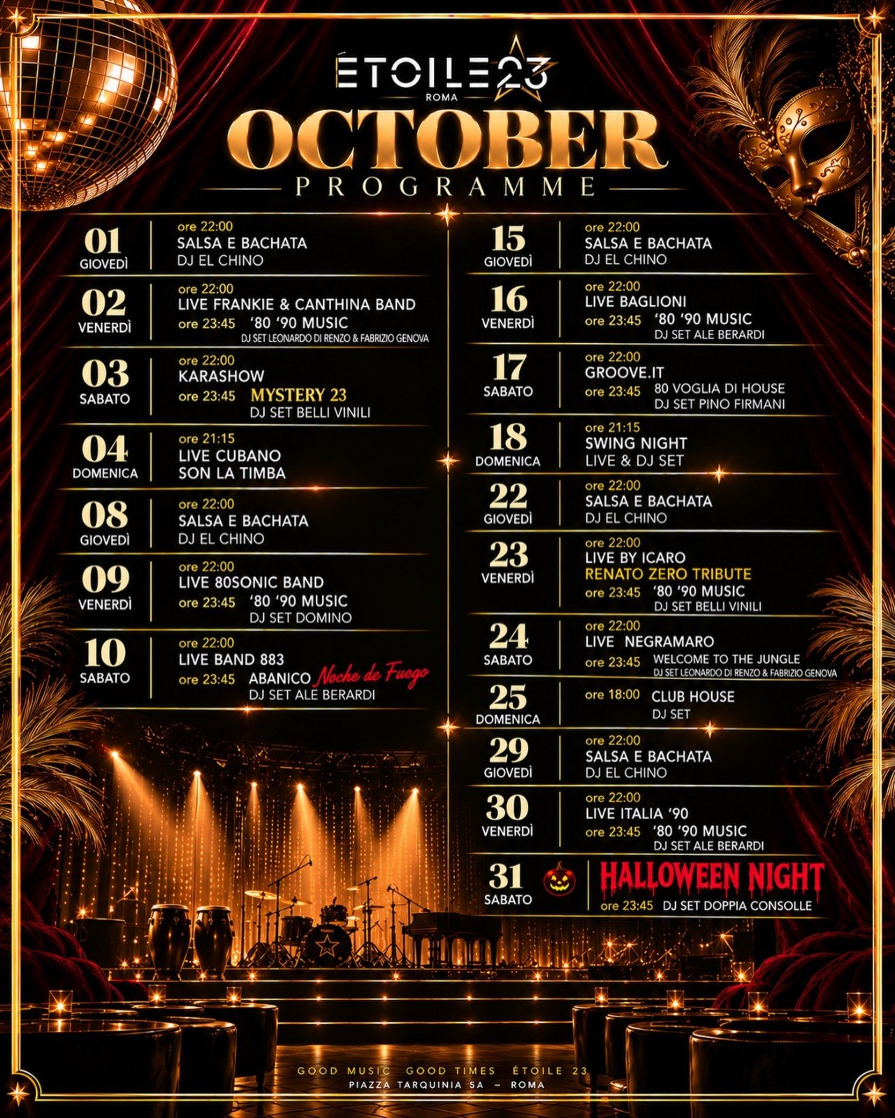 Locandina del programma di ottobre 2026 di Étoile 23 con la Swing Night di domenica 18