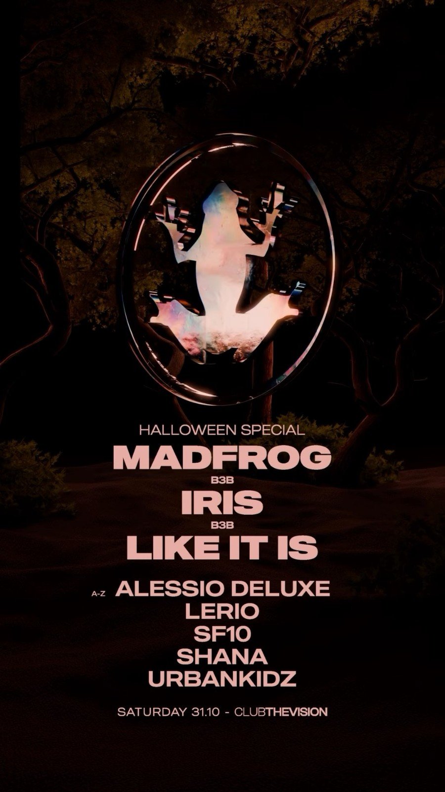 Fotogramma del reel ufficiale di Triple Trouble, Halloween di Madfrog, Iris Clubbing e Like It Is al Club The Vision, sabato 31 ottobre 2026