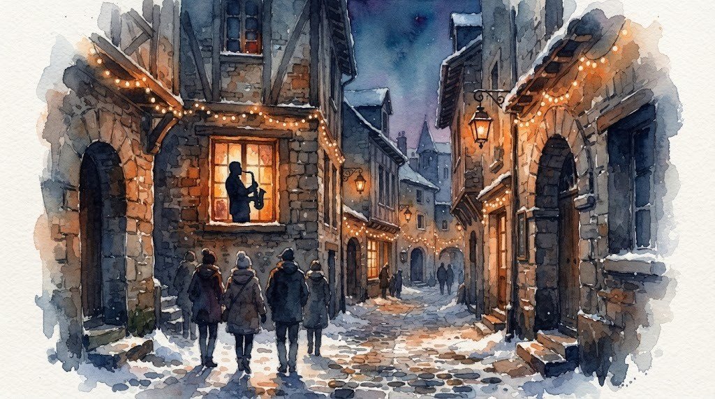 Illustrazione ad acquerello generata con intelligenza artificiale: Umbria Jazz Winter 2026/2027 a Orvieto