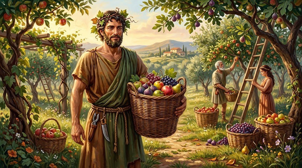 Vertumnalia, 13 agosto: la festa di Vertumno, dio delle stagioni e dei frutti 1 Il dio Vertumno come giardiniere trasformista con ceste di frutta in un frutteto