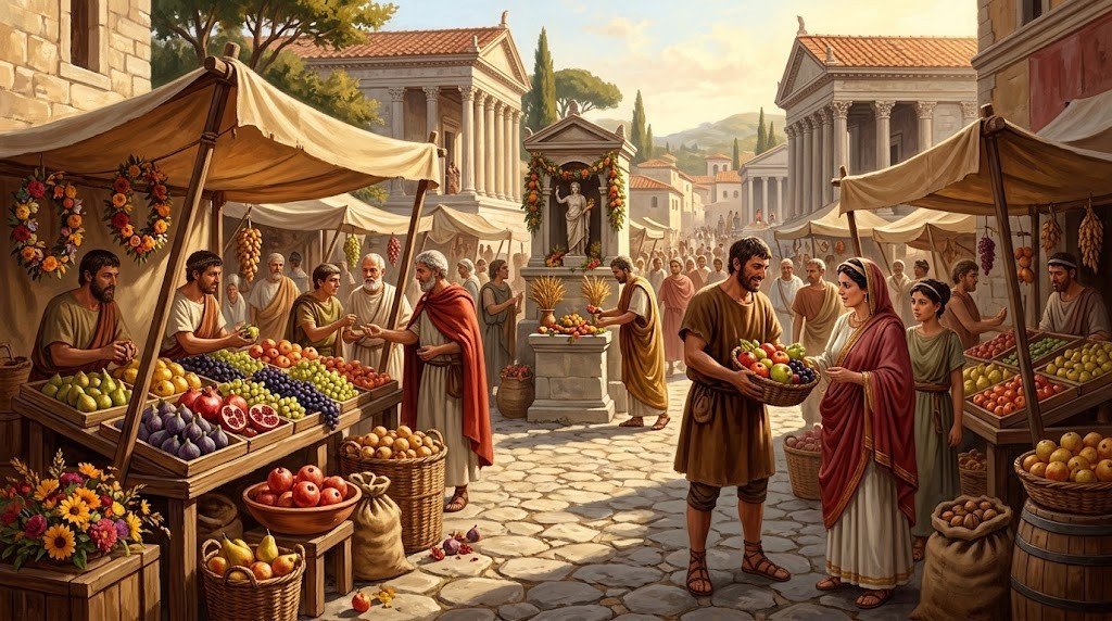 Vertumnalia, 13 agosto: la festa di Vertumno, dio delle stagioni e dei frutti 2 Bancarelle di frutta e fiori nel Vicus Tuscus, offerte al dio Vertumno