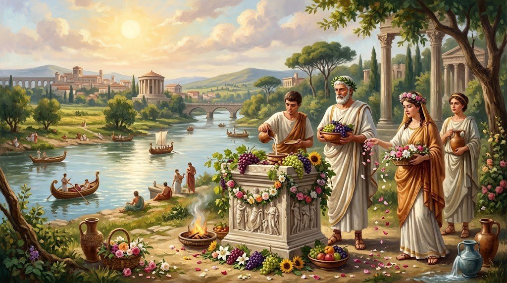 Volturnalia, 27 agosto: la festa del dio Volturno, tra Tevere e fiumi 2 Sacerdoti romani offrono uva e fiori a un altare presso il fiume in estate